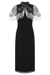 Ridley Black Beaded Fringe Cape Sleeve Midi Dress